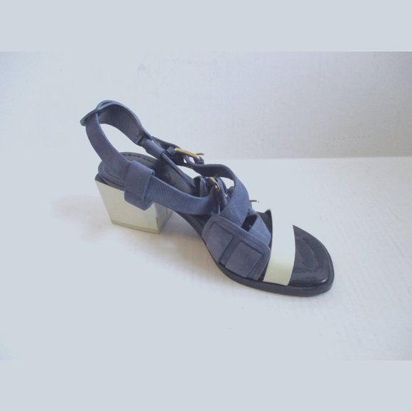 **3.1 Phillip Lim Slate Blue Suede and White Leather Strappy Block Heel Sandals